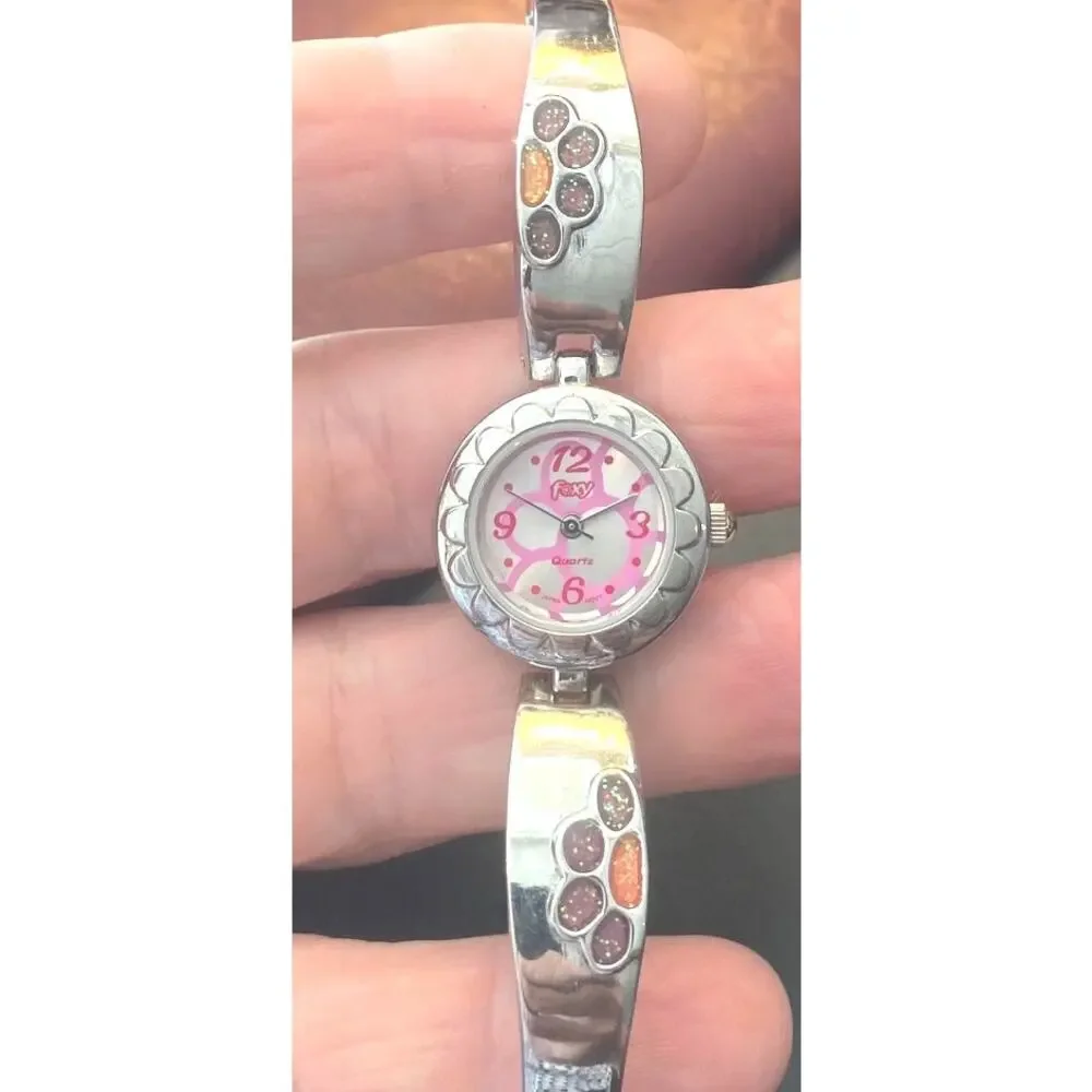 Women's silver Tone 22mm Foxy Watch, Purple and Pink Flower Pattern Face/Band